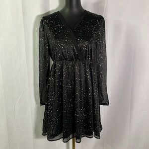 Black & Metallic Silver Dot Print Long Sleeve V-Neck Mini Dress